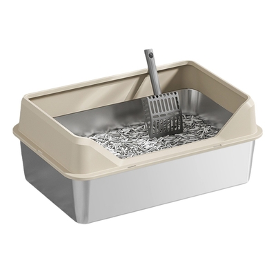 Boîte de litière en acier inoxydable pour chat boîte haute encastrée scoop antiadhésif anti-fuite facile à nettoyer