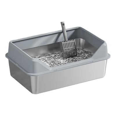 Boîte de litière en acier inoxydable pour chat boîte haute encastrée scoop antiadhésif anti-fuite facile à nettoyer