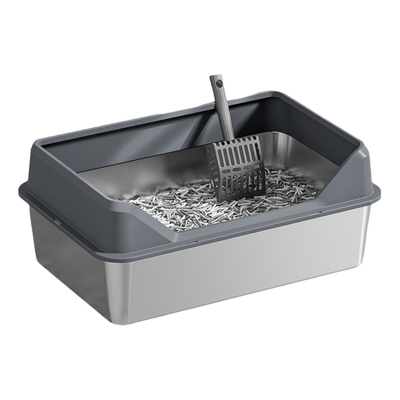 Boîte de litière en acier inoxydable pour chat boîte haute encastrée scoop antiadhésif anti-fuite facile à nettoyer