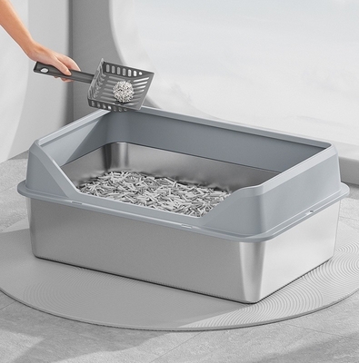 Boîte de litière en acier inoxydable pour chat boîte haute encastrée scoop antiadhésif anti-fuite facile à nettoyer