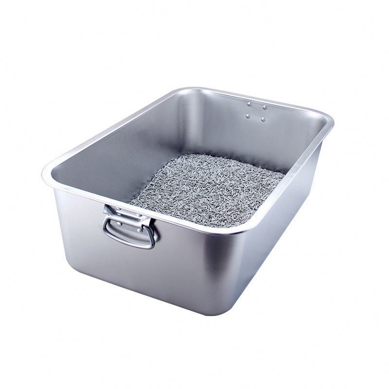 Bassin à litière pour chat en acier inoxydable 45x30x10 cm Type ouvert pratique pour le nettoyage des selles